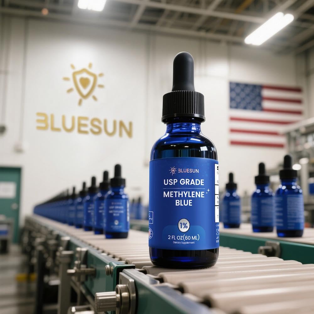 Bluesun Methylene Blue Supplement - USP Grade, 2 FL OZ Pharmaceutical Grade 1% Liquid Drops for Humans, Third-Party Tested, Formaldehyde-Free, Manufactured in The USA, Pack of 1