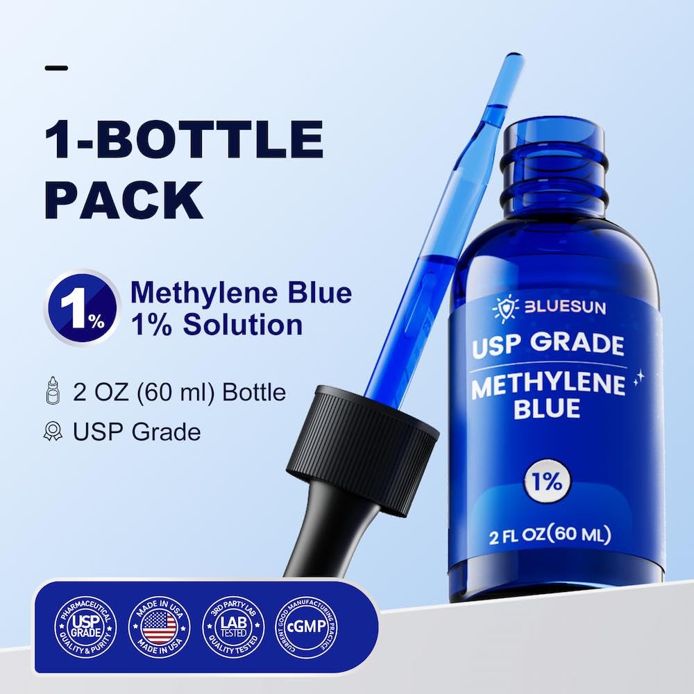 Bluesun Methylene Blue Supplement - USP Grade, 2 FL OZ Pharmaceutical Grade 1% Liquid Drops for Humans, Third-Party Tested, Formaldehyde-Free, Manufactured in The USA, Pack of 1