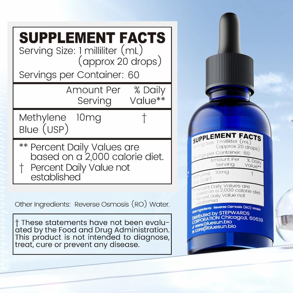 Bluesun Methylene Blue Supplement - USP Grade, 2 FL OZ Pharmaceutical Grade 1% Liquid Drops for Humans, Third-Party Tested, Formaldehyde-Free, Manufactured in The USA, Pack of 1