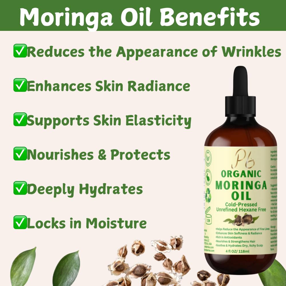 Organic Cold-Pressed Moringa Oil – 100% Pure & Unrefined – Moringa Hydrating Oil for Face, Skin, Hair & Body – Supports Anti-Aging & Youthful Appearance, 4 fl oz Amber Glass Bottle