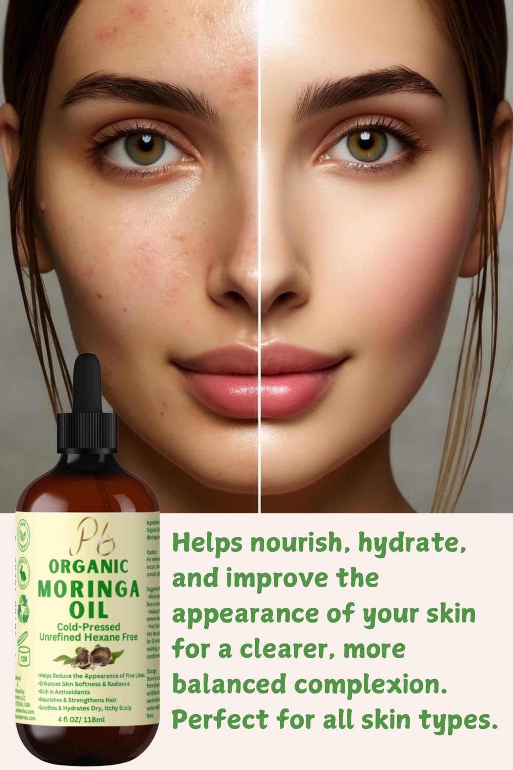 Organic Cold-Pressed Moringa Oil – 100% Pure & Unrefined – Moringa Hydrating Oil for Face, Skin, Hair & Body – Supports Anti-Aging & Youthful Appearance, 4 fl oz Amber Glass Bottle