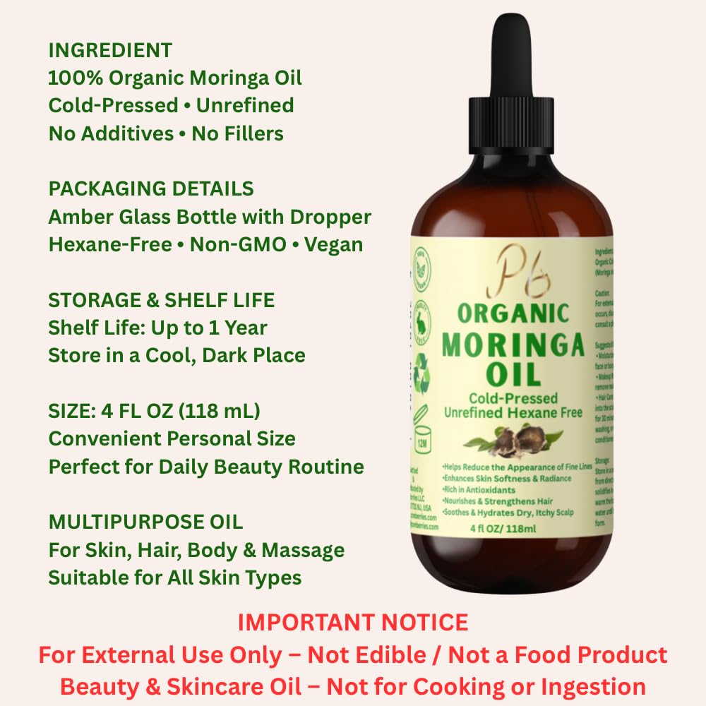 Organic Cold-Pressed Moringa Oil – 100% Pure & Unrefined – Moringa Hydrating Oil for Face, Skin, Hair & Body – Supports Anti-Aging & Youthful Appearance, 4 fl oz Amber Glass Bottle