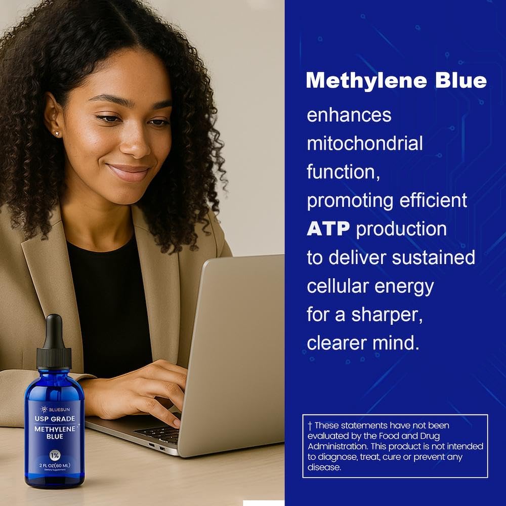 Bluesun Methylene Blue Supplement - USP Grade, 2 FL OZ Pharmaceutical Grade 1% Liquid Drops for Humans, Third-Party Tested, Formaldehyde-Free, Manufactured in The USA, Pack of 1