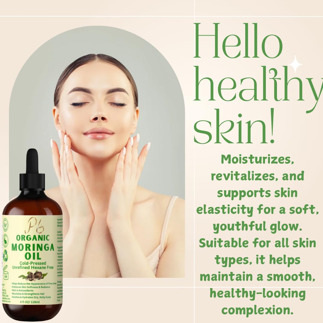 Organic Cold-Pressed Moringa Oil – 100% Pure & Unrefined – Moringa Hydrating Oil for Face, Skin, Hair & Body – Supports Anti-Aging & Youthful Appearance, 4 fl oz Amber Glass Bottle