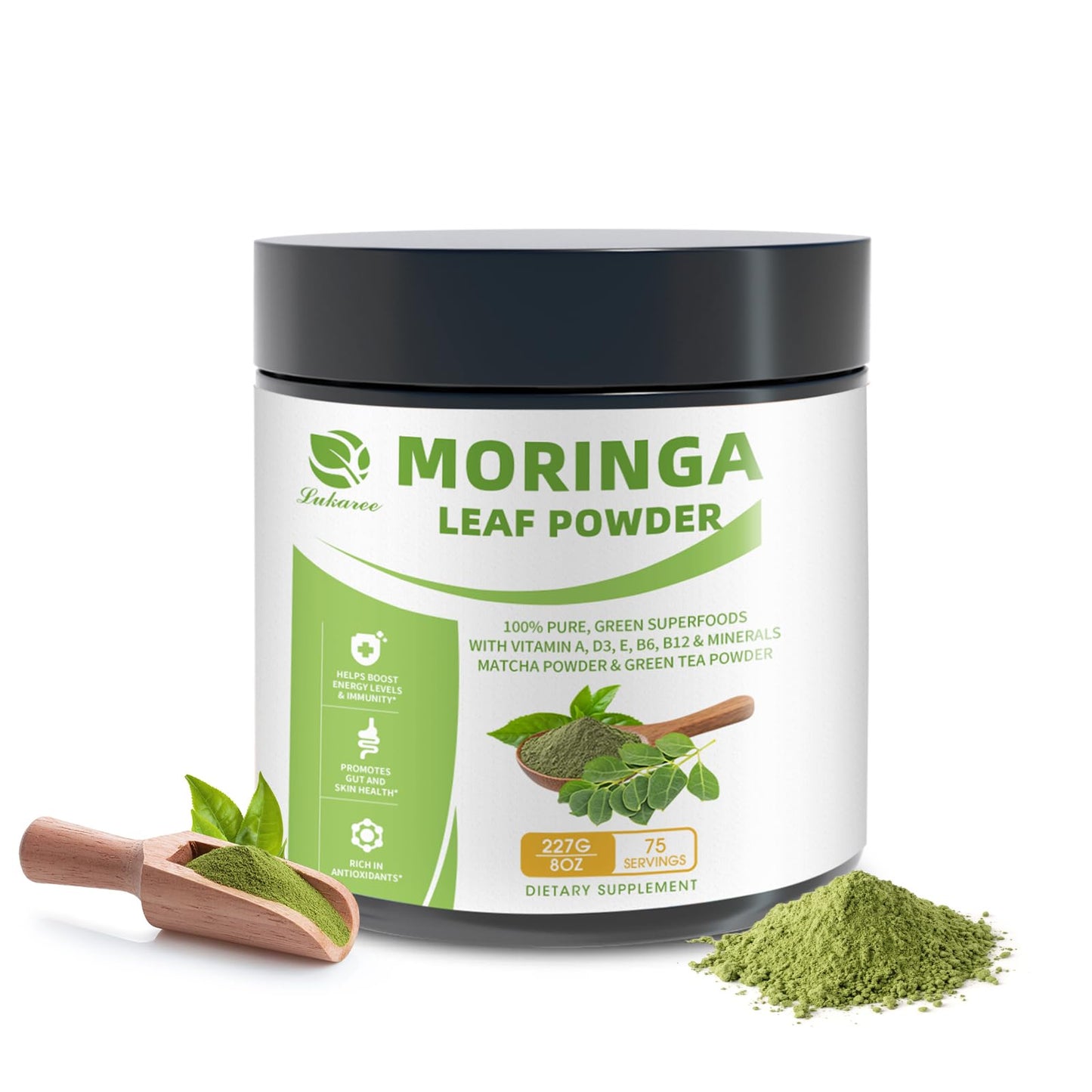 Organic Moringa Powder & Matcha Powder, Multi-Green Superfoods with Green Tea Resveratrol - Energy and Digestive Support, Rich in Antioxidants and Vitamin A D3 E B6 B12 Calcium, Non-GMO, Vegan, 16 oz