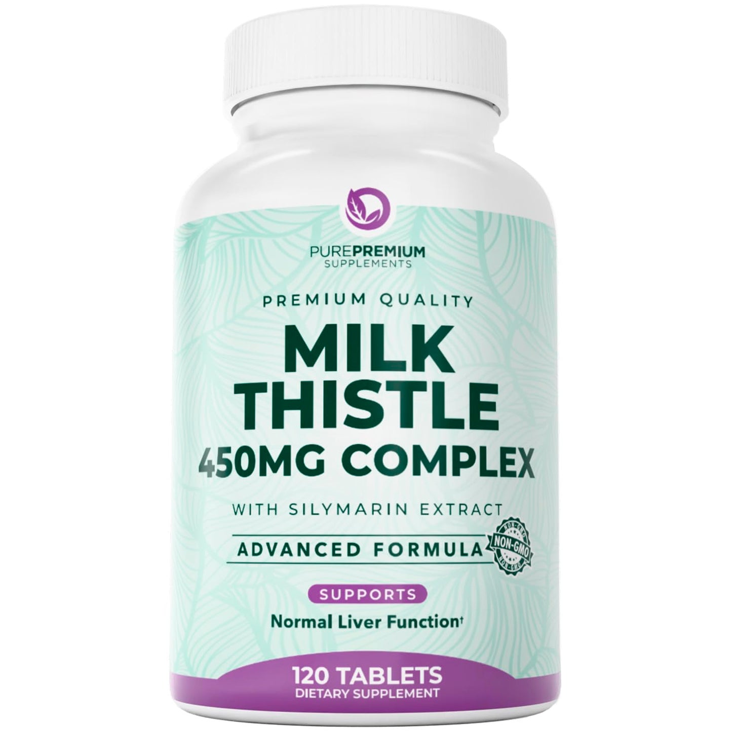 PurePremium Milk Thistle Supplement, 120 Tablets, 80% Silymarin Standardized Extract - High Potency Pure 450mg Complex – Supports Normal Liver Function & Overall Health – Non-GMO, Gluten-Free