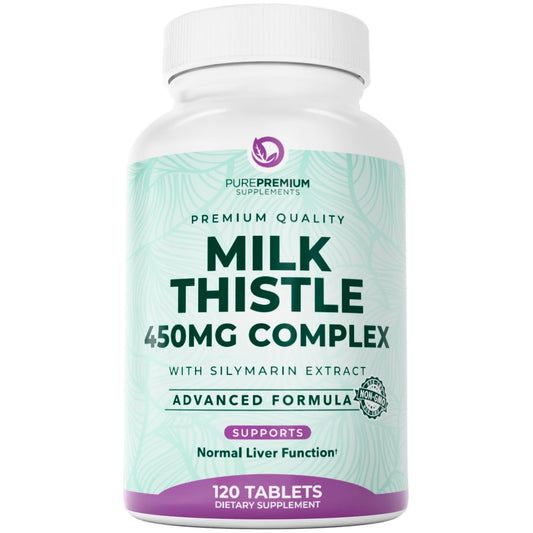 PurePremium Milk Thistle Supplement, 120 Tablets, 80% Silymarin Standardized Extract - High Potency Pure 450mg Complex – Supports Normal Liver Function & Overall Health – Non-GMO, Gluten-Free