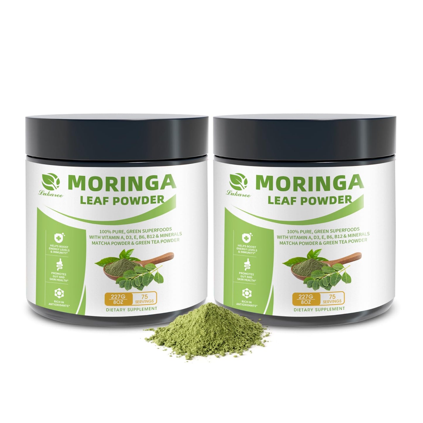 Organic Moringa Powder & Matcha Powder, Multi-Green Superfoods with Green Tea Resveratrol - Energy and Digestive Support, Rich in Antioxidants and Vitamin A D3 E B6 B12 Calcium, Non-GMO, Vegan, 16 oz