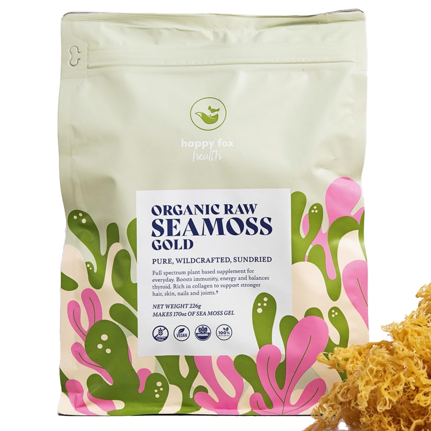 HAPPY FOX Organic Sea Moss Raw Gold - Makes 75oz of Seamoss Gel Rich in Vitamins & Minerals, Certified Non-GMO, Wildcrafted, Sundried Superfood - 100 gram Bag