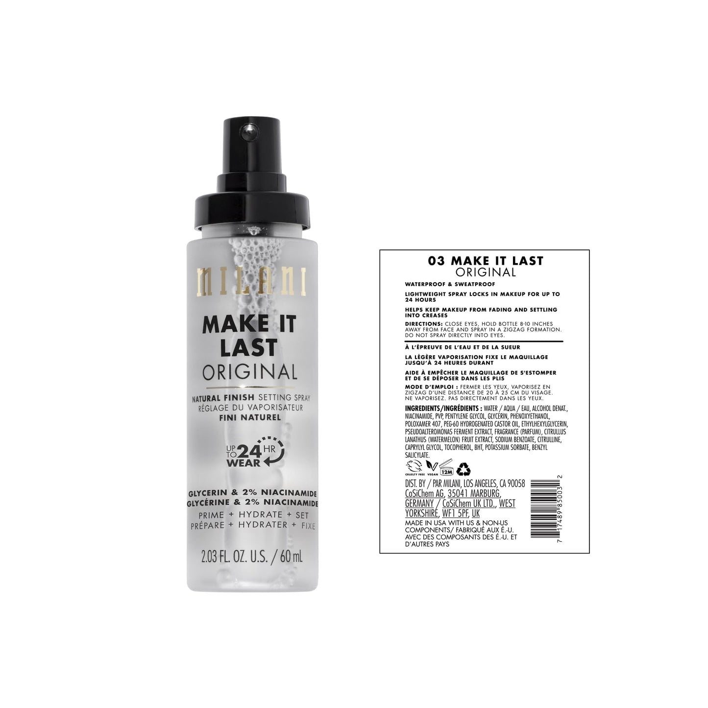 Milani Setting Spray + Primer, Make It Last Original - Natural Finish with Niacinamide for Hydration, Setting Spray for Makeup and Face Primer, 3-in-1 Prime + Hydrate + Set, 2.03 Fl. Oz