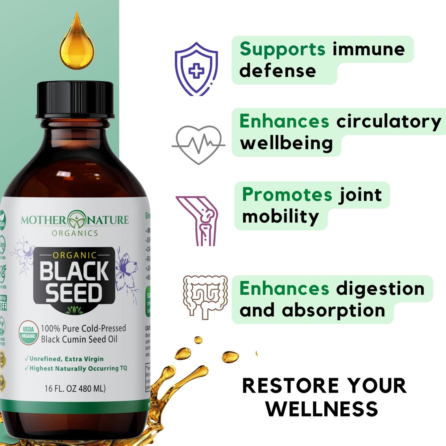 Mother Nature USDA Organic Black Seed Oil, High TQ 2%, Cold Pressed, Unrefined Nigella Sativa, Omega 3 6 9 for Immune, Joint & Heart Support, Hair & Skin, Non-GMO, Glass Bottle (8oz)