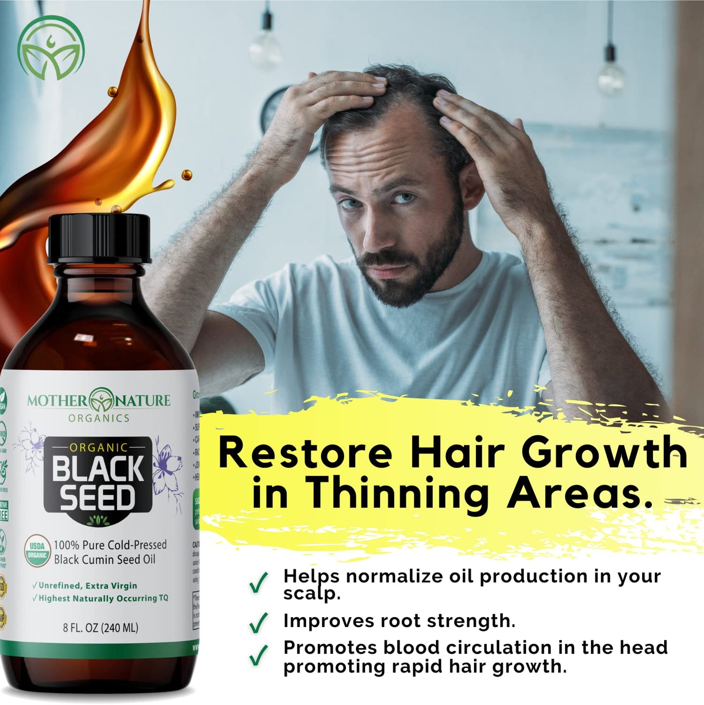 Mother Nature USDA Organic Black Seed Oil, High TQ 2%, Cold Pressed, Unrefined Nigella Sativa, Omega 3 6 9 for Immune, Joint & Heart Support, Hair & Skin, Non-GMO, Glass Bottle (8oz)