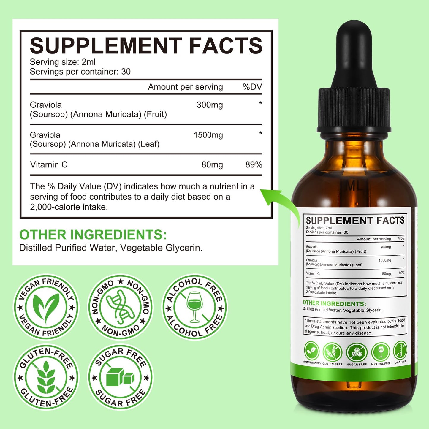 QJCWXIAOX Soursop Graviola Liquid Drop, Nature Soursop Extract Liquid for Cell Support & Regeneration, Immunity, Liver & Antioxidant, Easy to Absorption, 2 Fl Oz