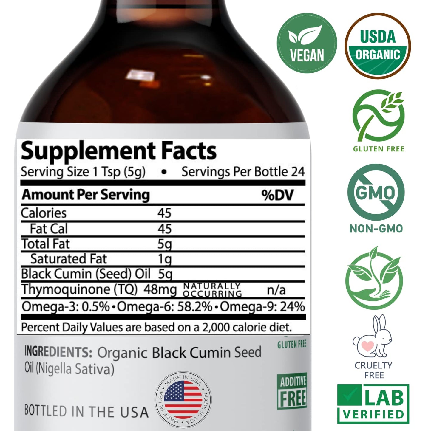 Mother Nature USDA Organic Black Seed Oil, High TQ 2%, Cold Pressed, Unrefined Nigella Sativa, Omega 3 6 9 for Immune, Joint & Heart Support, Hair & Skin, Non-GMO, Glass Bottle (8oz)