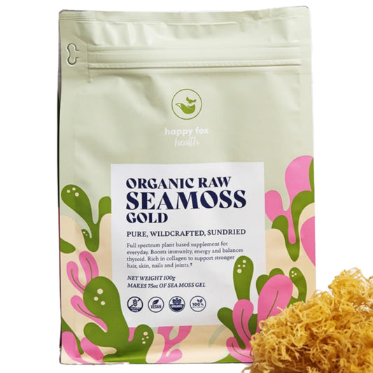 HAPPY FOX Organic Sea Moss Raw Gold - Makes 75oz of Seamoss Gel Rich in Vitamins & Minerals, Certified Non-GMO, Wildcrafted, Sundried Superfood - 100 gram Bag