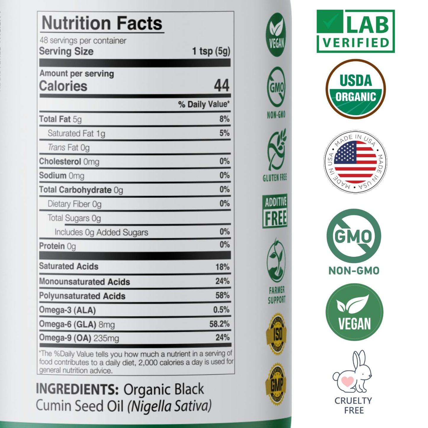 Mother Nature USDA Organic Black Seed Oil, High TQ 2%, Cold Pressed, Unrefined Nigella Sativa, Omega 3 6 9 for Immune, Joint & Heart Support, Hair & Skin, Non-GMO, Glass Bottle (8oz)