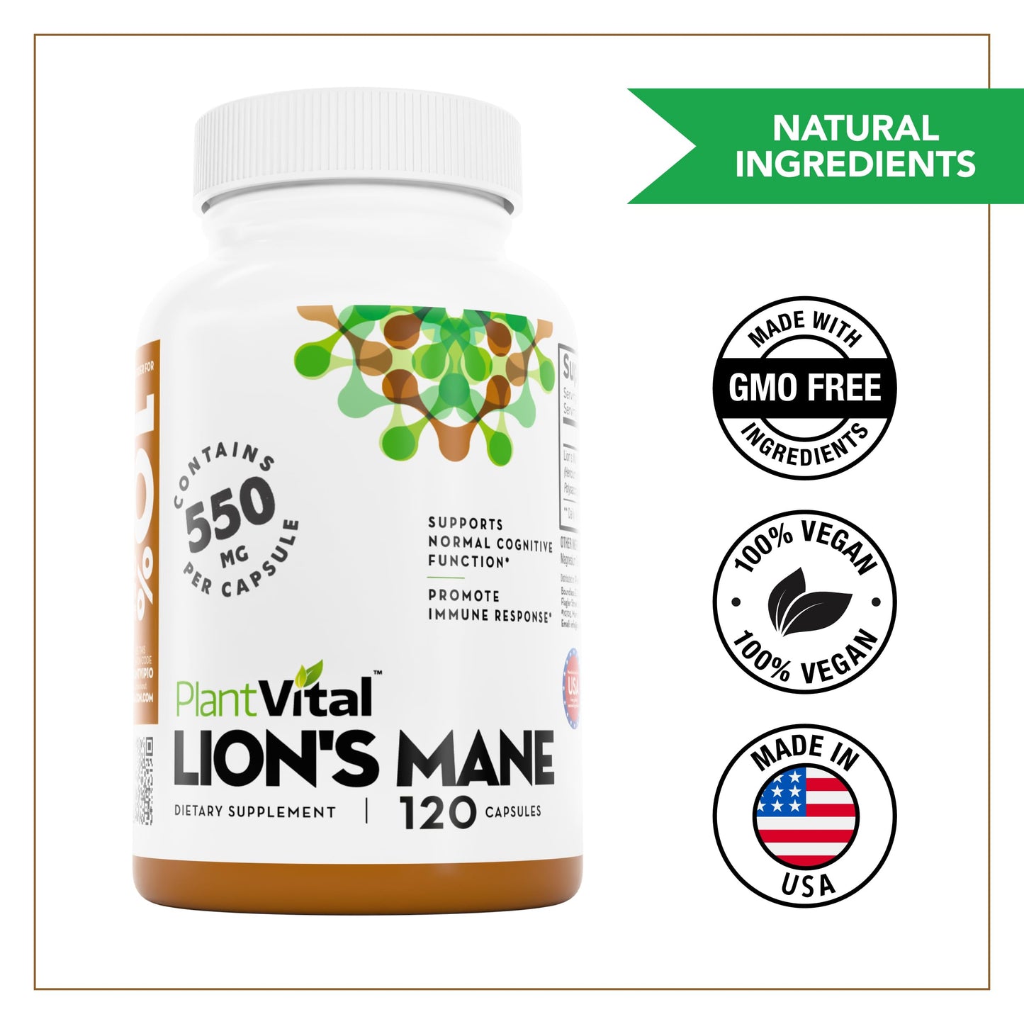 Plantvital Lions Mane Supplement - Organic Lion's Mane Mushroom Capsules 11,000mg (10:1 Extract) with 40% Polysaccharides - Immune System and Normal Brain Support Nootropic -2 Month Supply- 120 Count