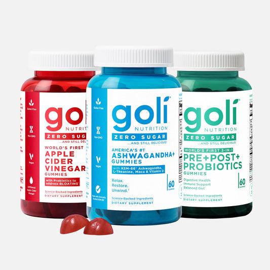 Goli Zero Sugar Trio- World's First 3-in-1 Pre, Post, Probiotic, Apple Cider Vinegar with Vitamin B12 and Probiotics, Ashwagandha & L-Theanine, Vitamin D gummies. Vegan, Gelatin & Gluten-Free, Non-GMO