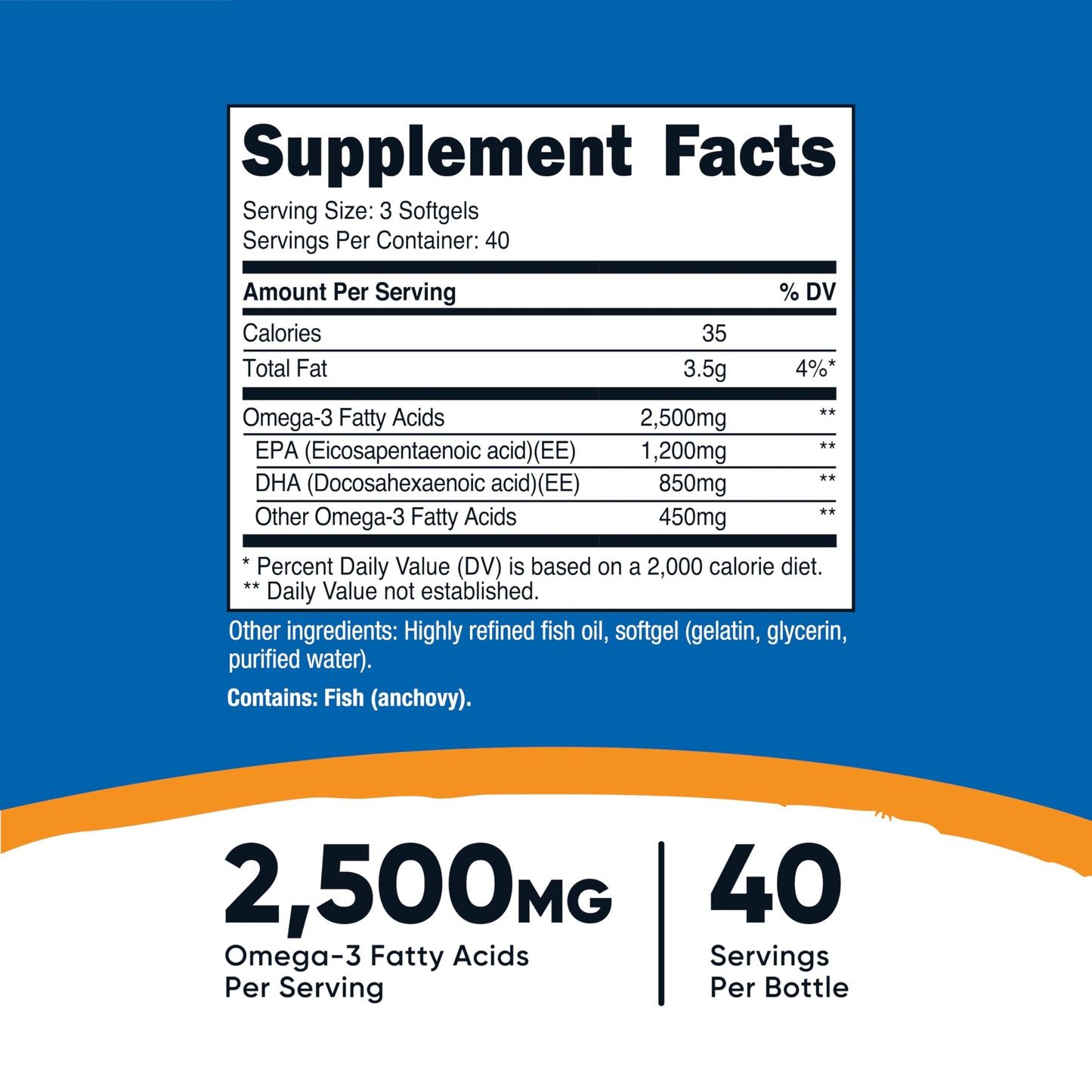 Nutricost Omega 3 Fish Oil - 2500MG, 120 Softgels (40 Serv) - Fish Oil, Wild Caught! 1200mg EPA 850mg DHA - Non-GMO, Gluten Free