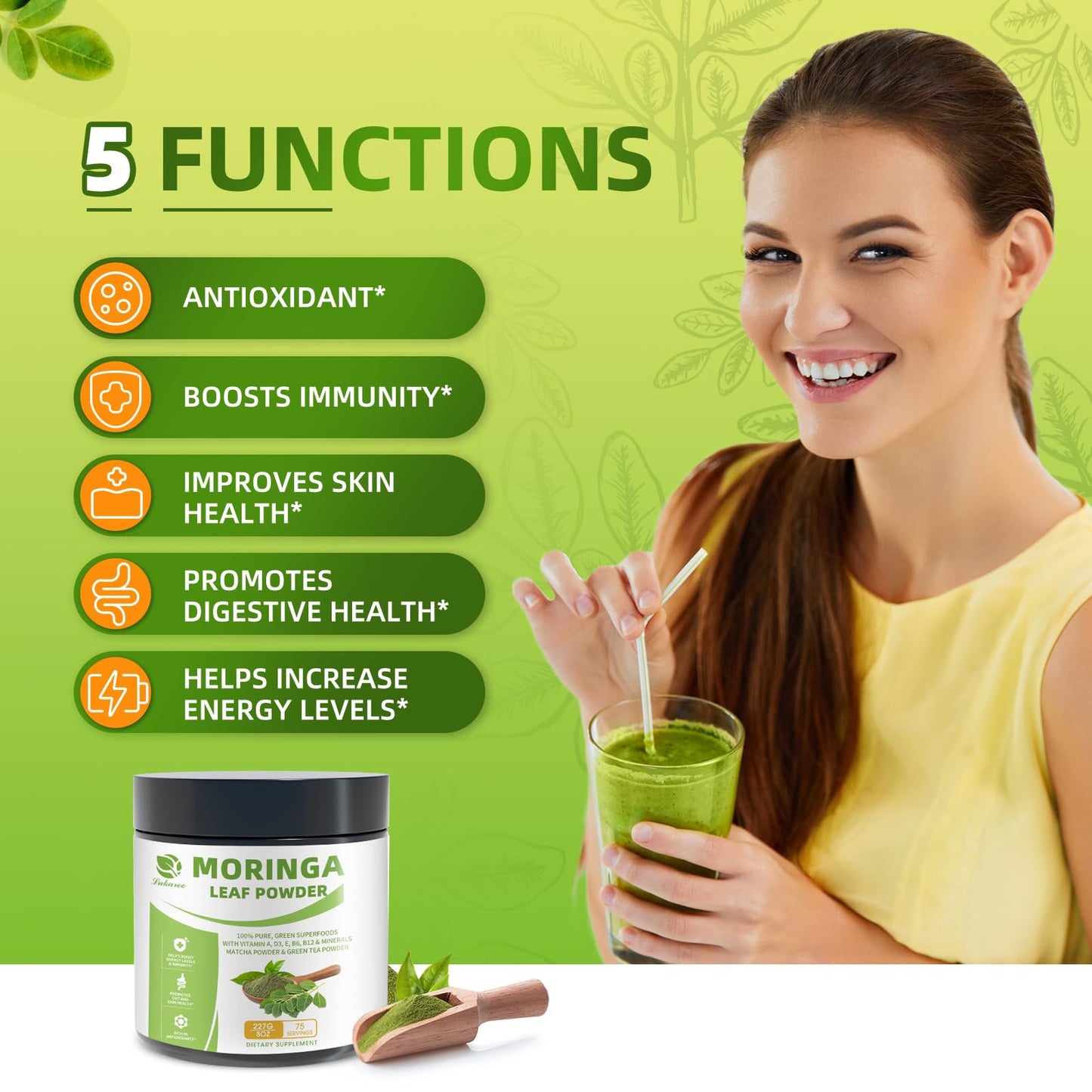 Organic Moringa Powder & Matcha Powder, Multi-Green Superfoods with Green Tea Resveratrol - Energy and Digestive Support, Rich in Antioxidants and Vitamin A D3 E B6 B12 Calcium, Non-GMO, Vegan, 16 oz