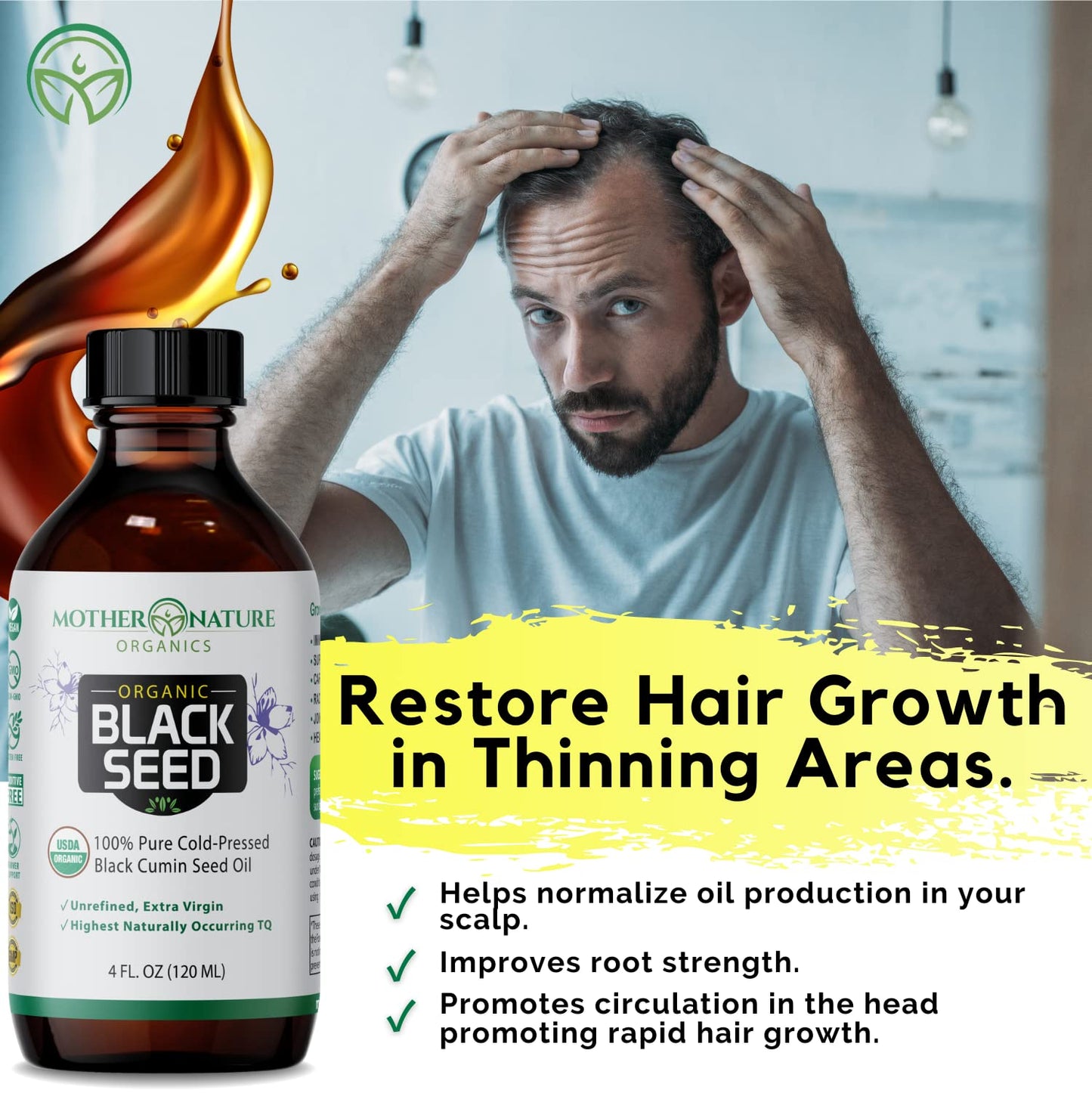 Mother Nature USDA Organic Black Seed Oil, High TQ 2%, Cold Pressed, Unrefined Nigella Sativa, Omega 3 6 9 for Immune, Joint & Heart Support, Hair & Skin, Non-GMO, Glass Bottle (8oz)