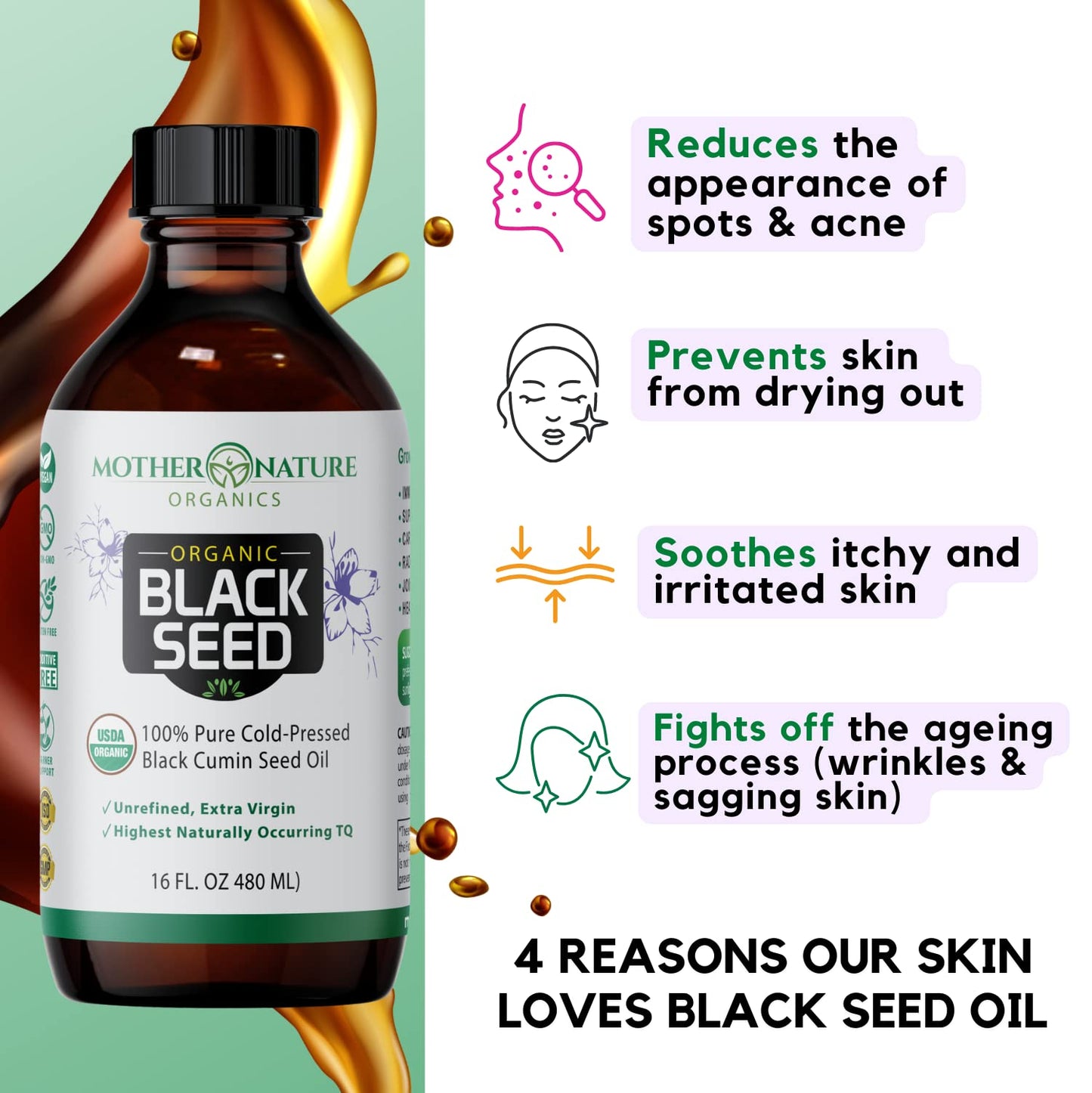 Mother Nature USDA Organic Black Seed Oil, High TQ 2%, Cold Pressed, Unrefined Nigella Sativa, Omega 3 6 9 for Immune, Joint & Heart Support, Hair & Skin, Non-GMO, Glass Bottle (8oz)