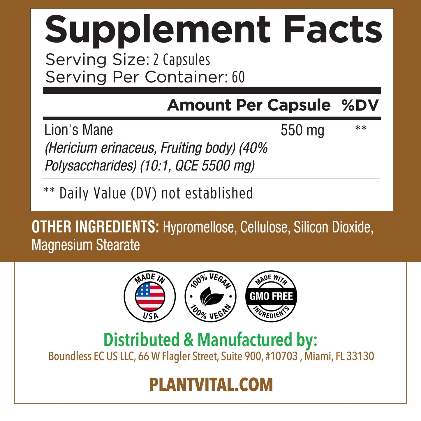 Plantvital Lions Mane Supplement - Organic Lion's Mane Mushroom Capsules 11,000mg (10:1 Extract) with 40% Polysaccharides - Immune System and Normal Brain Support Nootropic -2 Month Supply- 120 Count