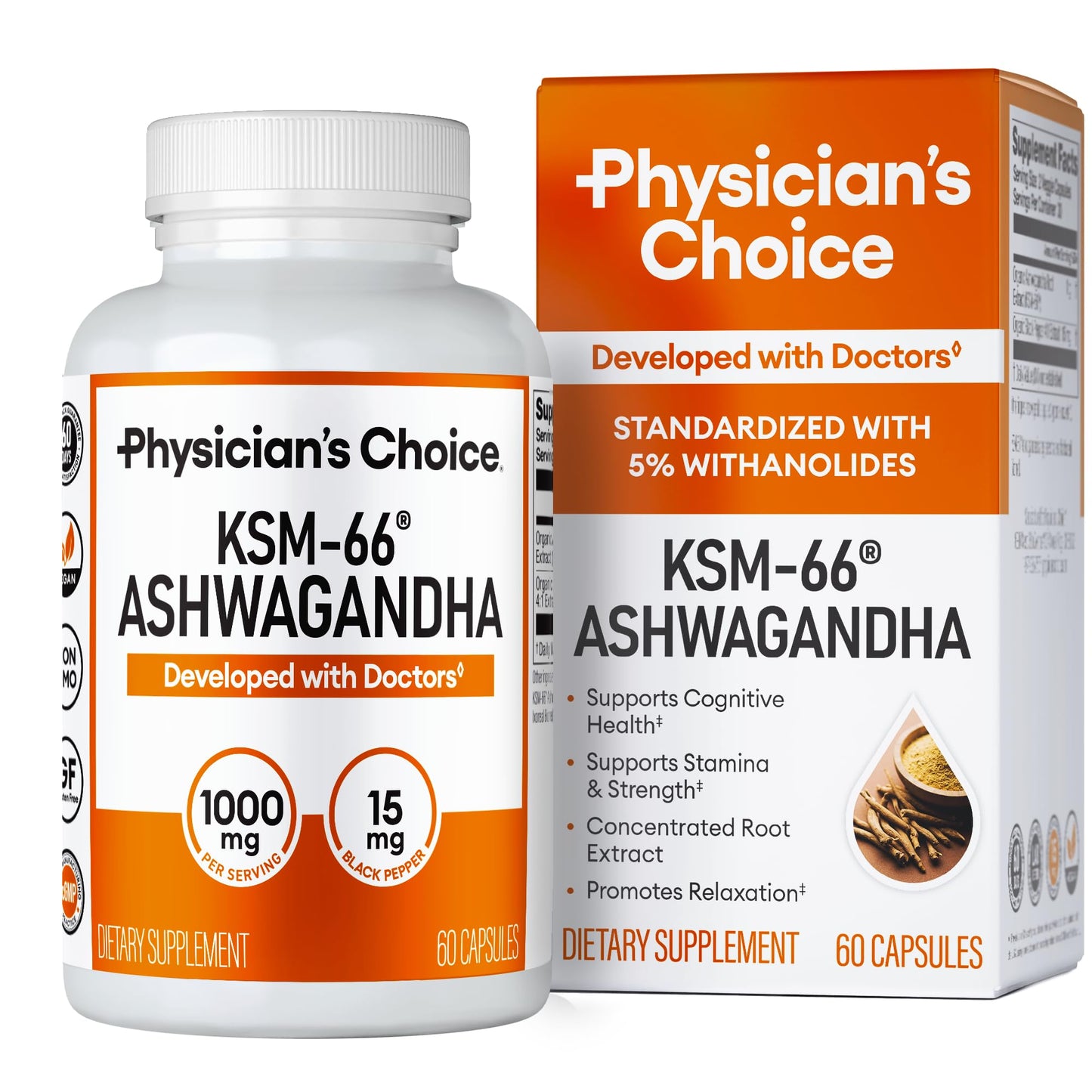 KSM-66 Ashwagandha Root Powder Extract 1,000mg - Clinically Studied Organic Ashwagandha with Black Pepper for Maximum Absorption - 5% Withanolides - Stress, Mood & Athletic Support - 60 Vegan Capsules