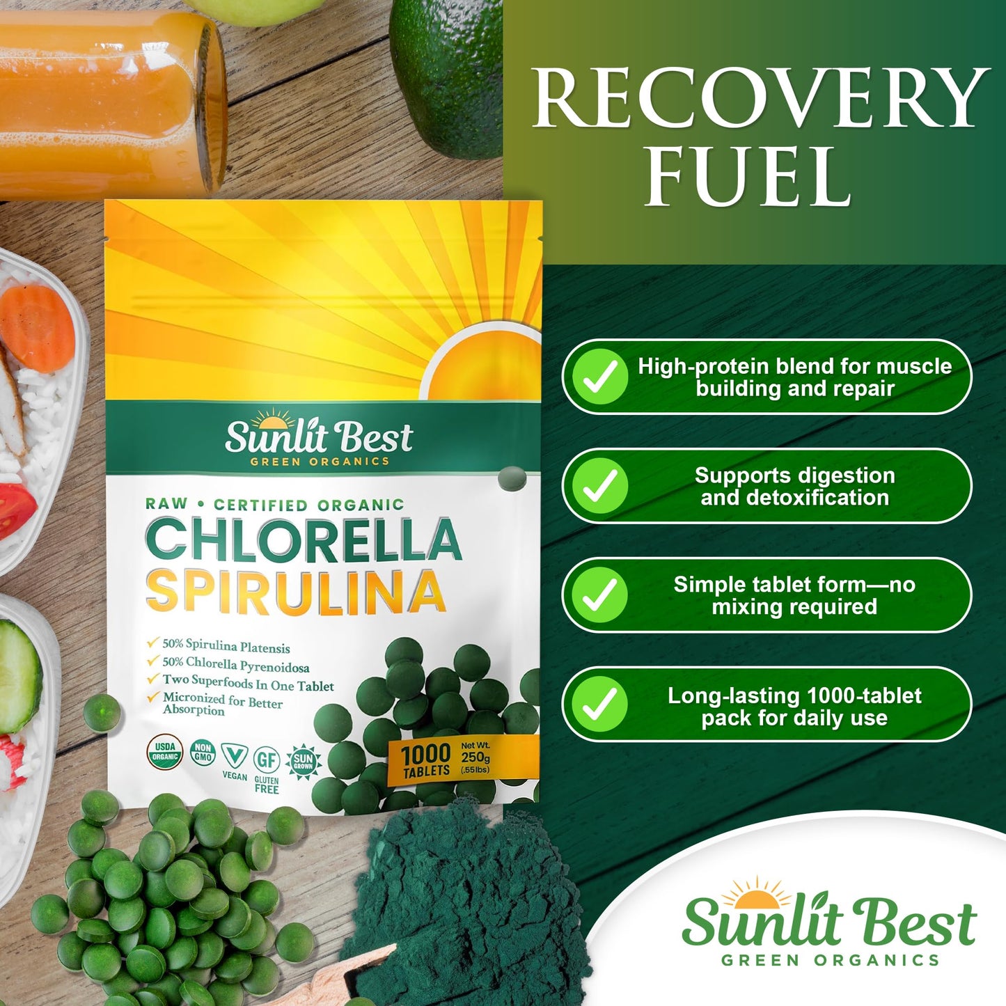 Sunlit Best Chlorella Spirulina Tablets - Organic USDA, Premium Spirulinas and Chlorella Capsules 500 Pills - Chlorellas Natural Superfood with Spirulina Algae, Enzymes Chlorophyll & Vegan Protein