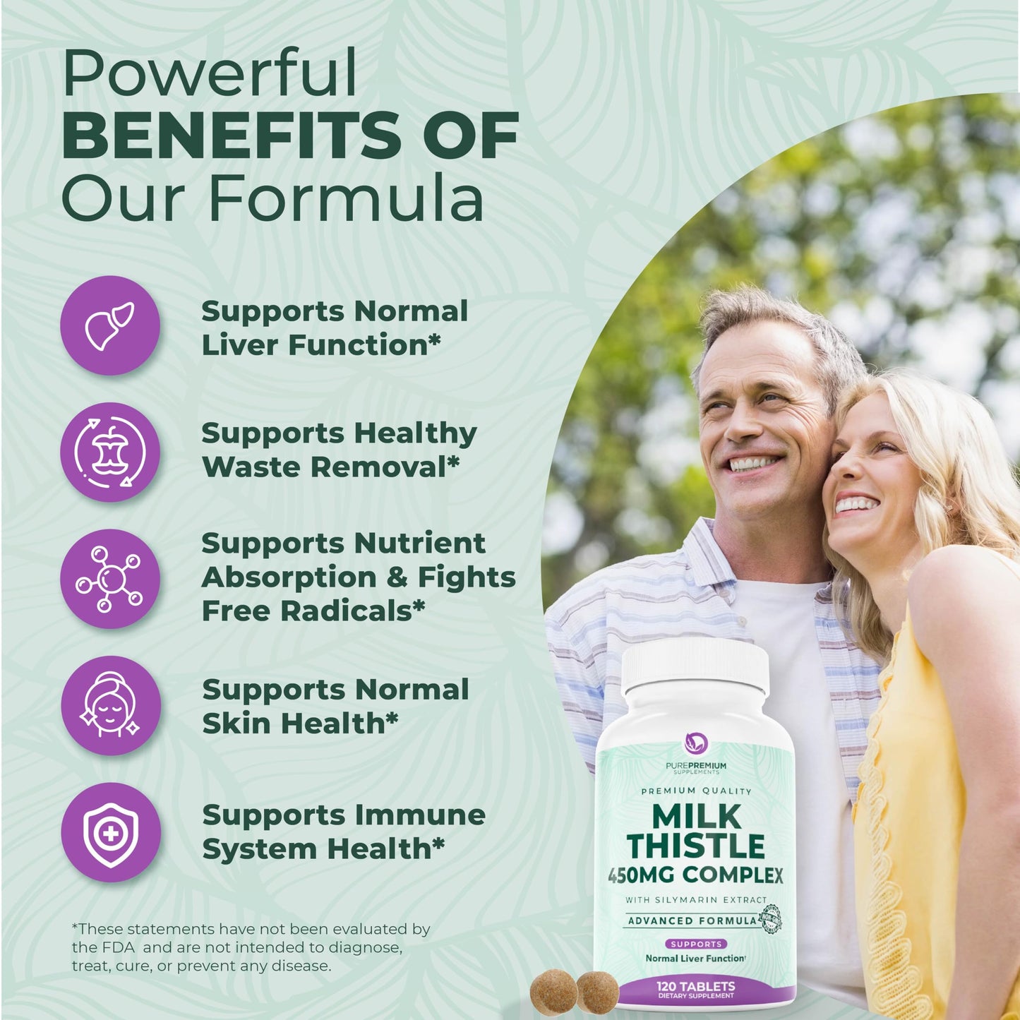PurePremium Milk Thistle Supplement, 120 Tablets, 80% Silymarin Standardized Extract - High Potency Pure 450mg Complex – Supports Normal Liver Function & Overall Health – Non-GMO, Gluten-Free