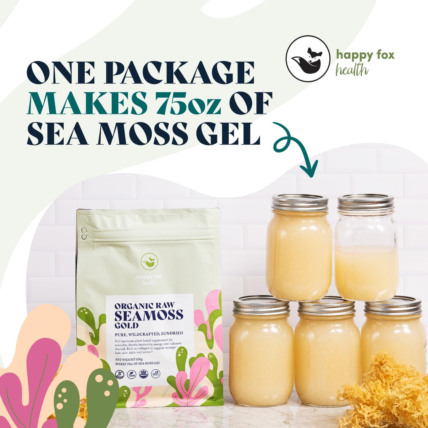 HAPPY FOX Organic Sea Moss Raw Gold - Makes 75oz of Seamoss Gel Rich in Vitamins & Minerals, Certified Non-GMO, Wildcrafted, Sundried Superfood - 100 gram Bag