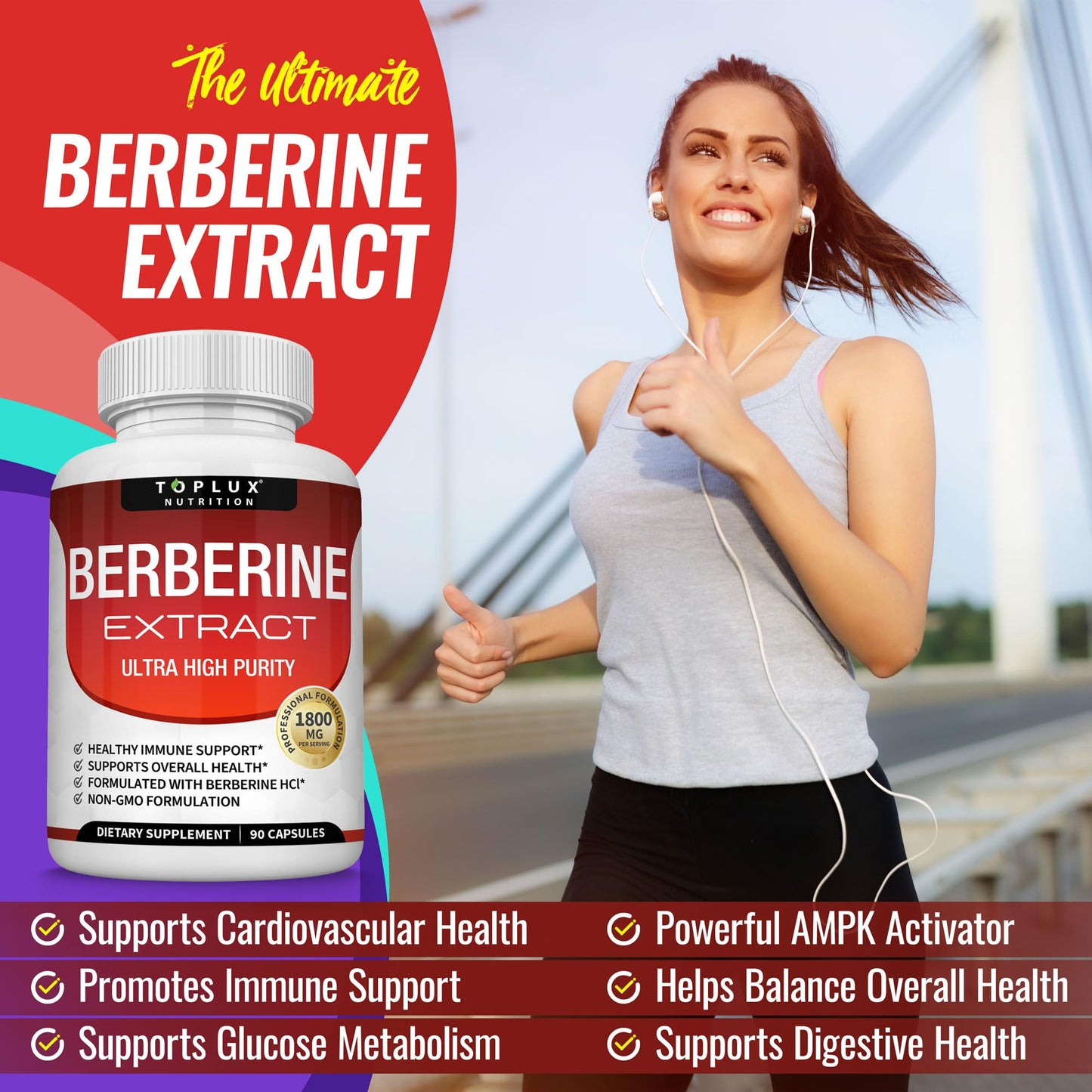 Berberine Supplement 1800mg - Berberine HCL 97% Tested Ultra High Purity Premium Berberine Extract to Support Overall Health, High Potency Berberine Plus Non-GMO Vegan Men Women, 90 Capsules