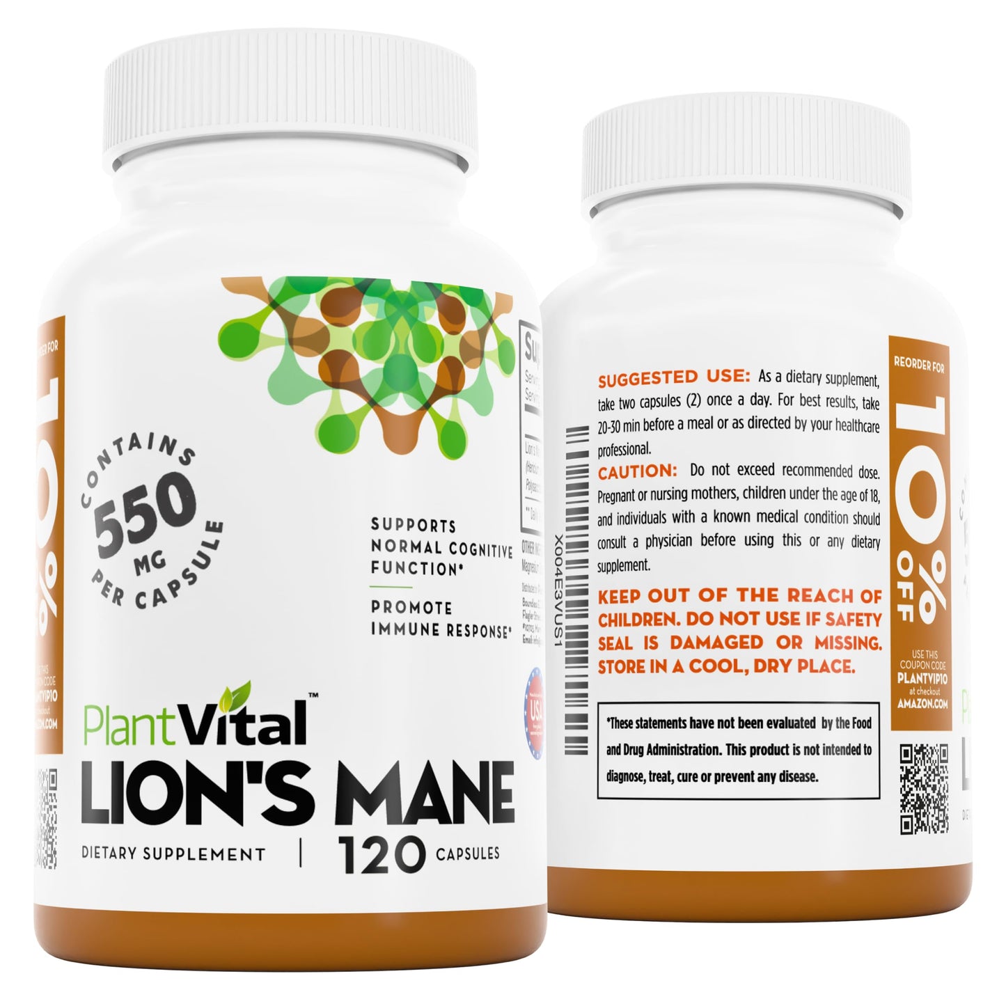 Plantvital Lions Mane Supplement - Organic Lion's Mane Mushroom Capsules 11,000mg (10:1 Extract) with 40% Polysaccharides - Immune System and Normal Brain Support Nootropic -2 Month Supply- 120 Count