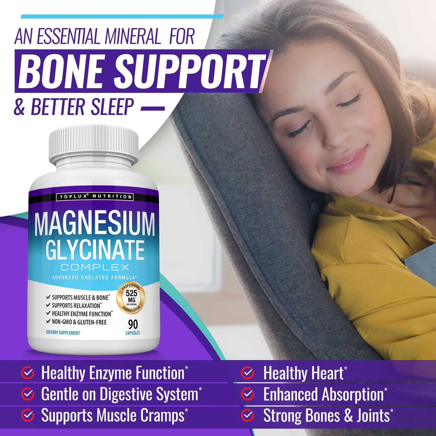 Magnesium Glycinate 525mg - High Absorption Chelated Magnesium Supplement Made with Pure Magnesium Glycinate - Supports Muscles, Sleep, Cramps, Recovery Bisglycinate Complex Vegan Non-GMO 90 Capsules