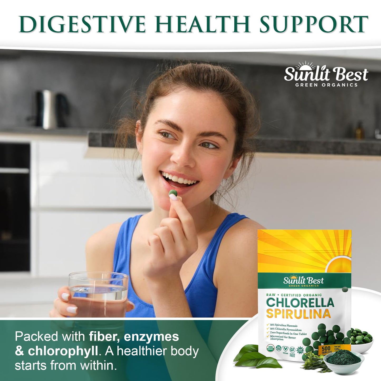 Sunlit Best Chlorella Spirulina Tablets - Organic USDA, Premium Spirulinas and Chlorella Capsules 500 Pills - Chlorellas Natural Superfood with Spirulina Algae, Enzymes Chlorophyll & Vegan Protein