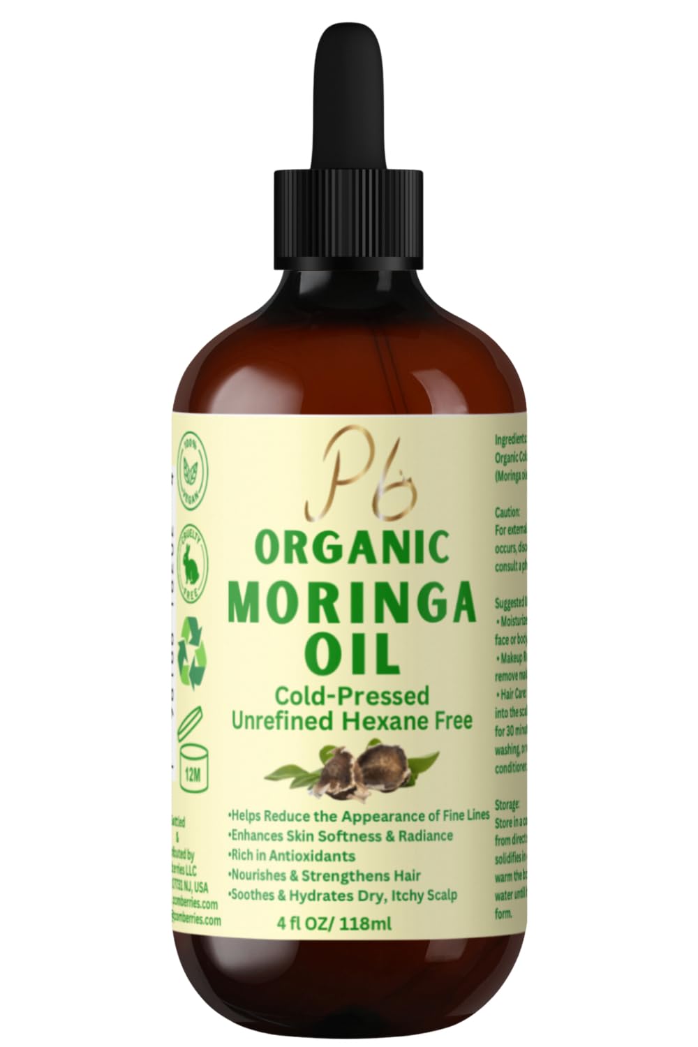 Organic Cold-Pressed Moringa Oil – 100% Pure & Unrefined – Moringa Hydrating Oil for Face, Skin, Hair & Body – Supports Anti-Aging & Youthful Appearance, 4 fl oz Amber Glass Bottle