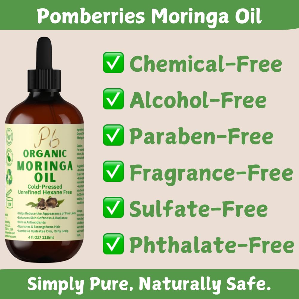 Organic Cold-Pressed Moringa Oil – 100% Pure & Unrefined – Moringa Hydrating Oil for Face, Skin, Hair & Body – Supports Anti-Aging & Youthful Appearance, 4 fl oz Amber Glass Bottle