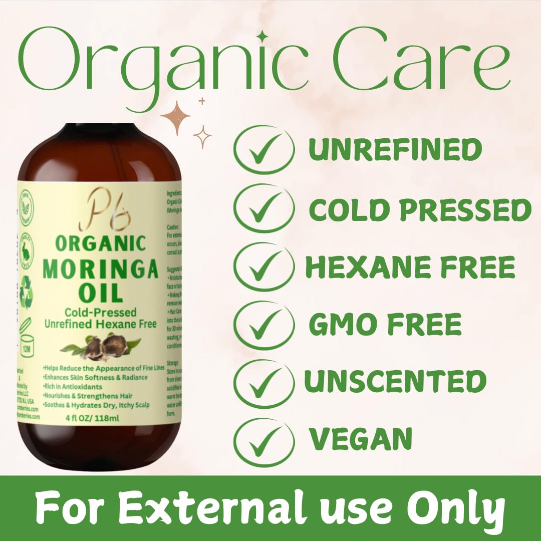 Organic Cold-Pressed Moringa Oil – 100% Pure & Unrefined – Moringa Hydrating Oil for Face, Skin, Hair & Body – Supports Anti-Aging & Youthful Appearance, 4 fl oz Amber Glass Bottle