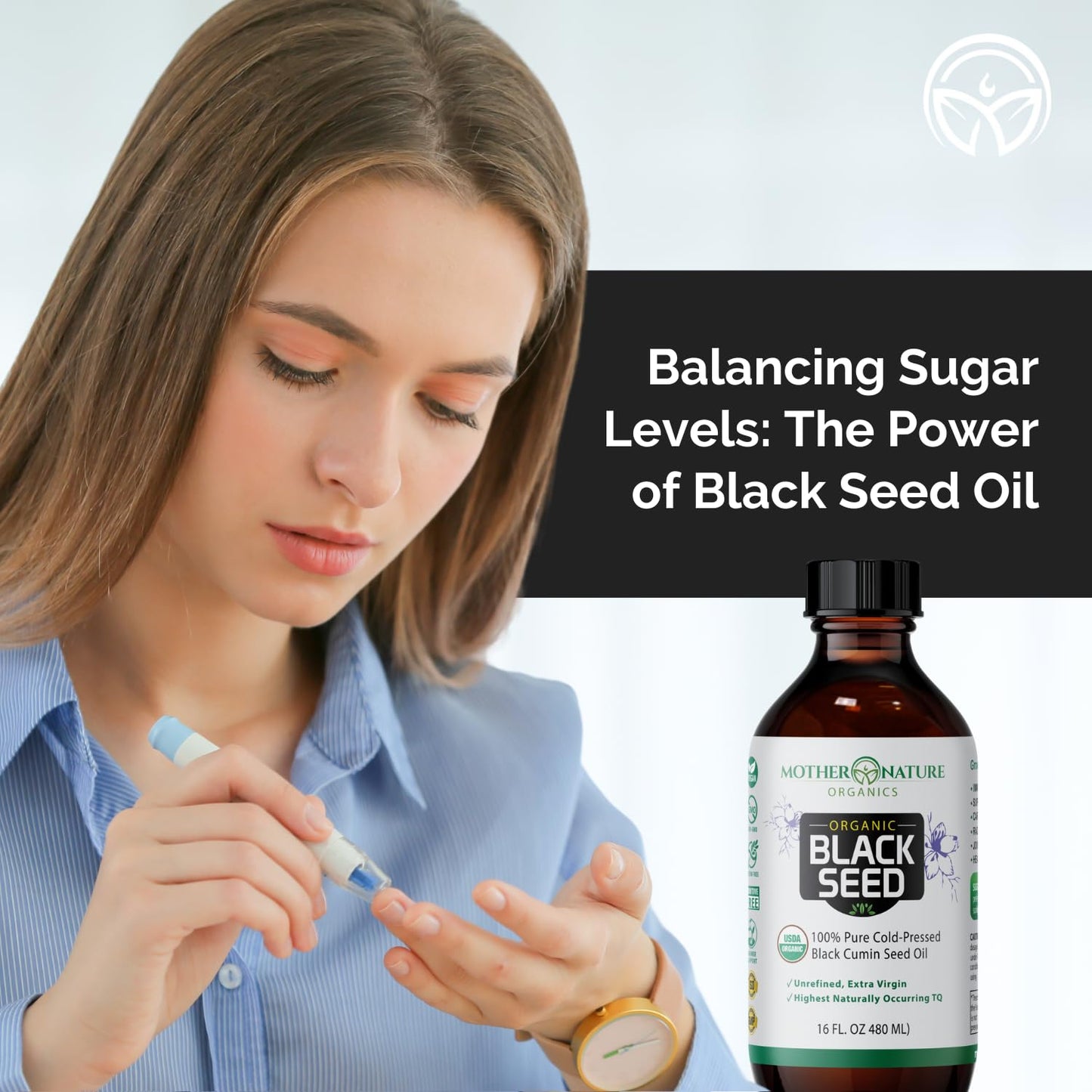 Mother Nature USDA Organic Black Seed Oil, High TQ 2%, Cold Pressed, Unrefined Nigella Sativa, Omega 3 6 9 for Immune, Joint & Heart Support, Hair & Skin, Non-GMO, Glass Bottle (8oz)