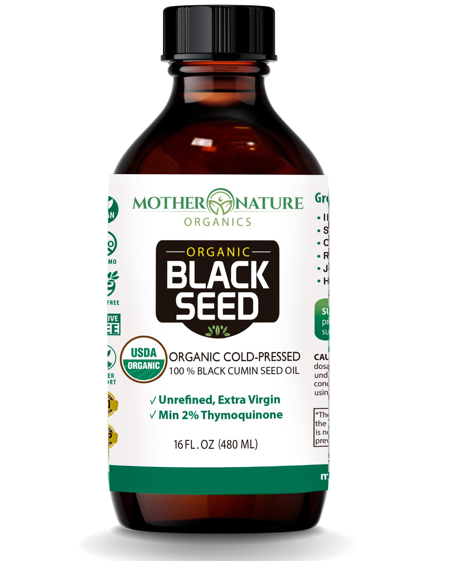 Mother Nature USDA Organic Black Seed Oil, High TQ 2%, Cold Pressed, Unrefined Nigella Sativa, Omega 3 6 9 for Immune, Joint & Heart Support, Hair & Skin, Non-GMO, Glass Bottle (8oz)