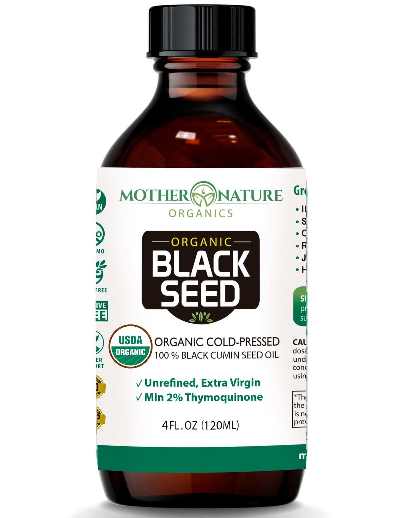 Mother Nature USDA Organic Black Seed Oil, High TQ 2%, Cold Pressed, Unrefined Nigella Sativa, Omega 3 6 9 for Immune, Joint & Heart Support, Hair & Skin, Non-GMO, Glass Bottle (8oz)
