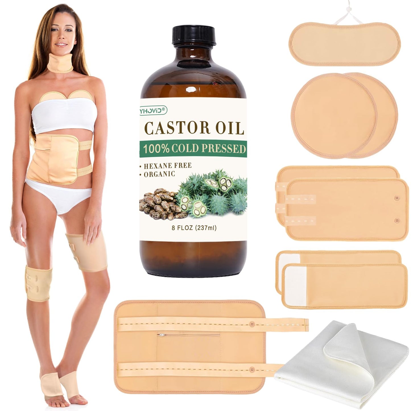 10 Pcs Organic Cotton Castor Oil Pack Wrap - Reusable Castor Oil Packs for Stomach, Neck, Knee, Foot, Women & Entire Body