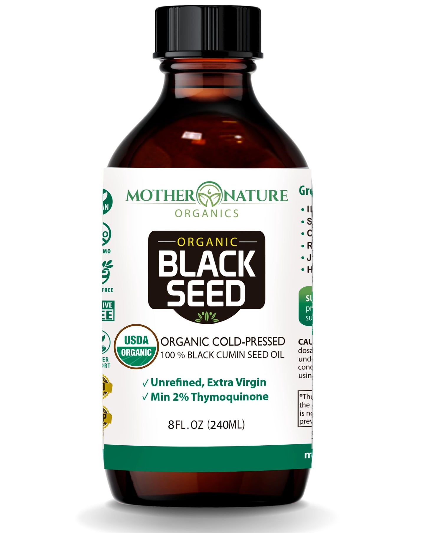 Mother Nature USDA Organic Black Seed Oil, High TQ 2%, Cold Pressed, Unrefined Nigella Sativa, Omega 3 6 9 for Immune, Joint & Heart Support, Hair & Skin, Non-GMO, Glass Bottle (8oz)