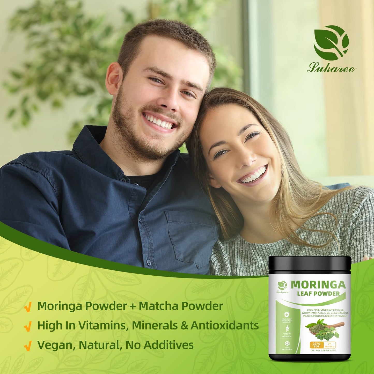 Organic Moringa Powder & Matcha Powder, Multi-Green Superfoods with Green Tea Resveratrol - Energy and Digestive Support, Rich in Antioxidants and Vitamin A D3 E B6 B12 Calcium, Non-GMO, Vegan, 16 oz