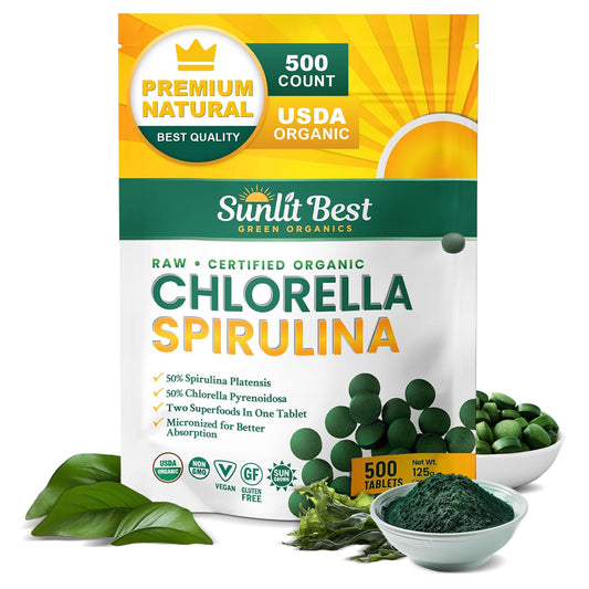 Sunlit Best Chlorella Spirulina Tablets - Organic USDA, Premium Spirulinas and Chlorella Capsules 500 Pills - Chlorellas Natural Superfood with Spirulina Algae, Enzymes Chlorophyll & Vegan Protein