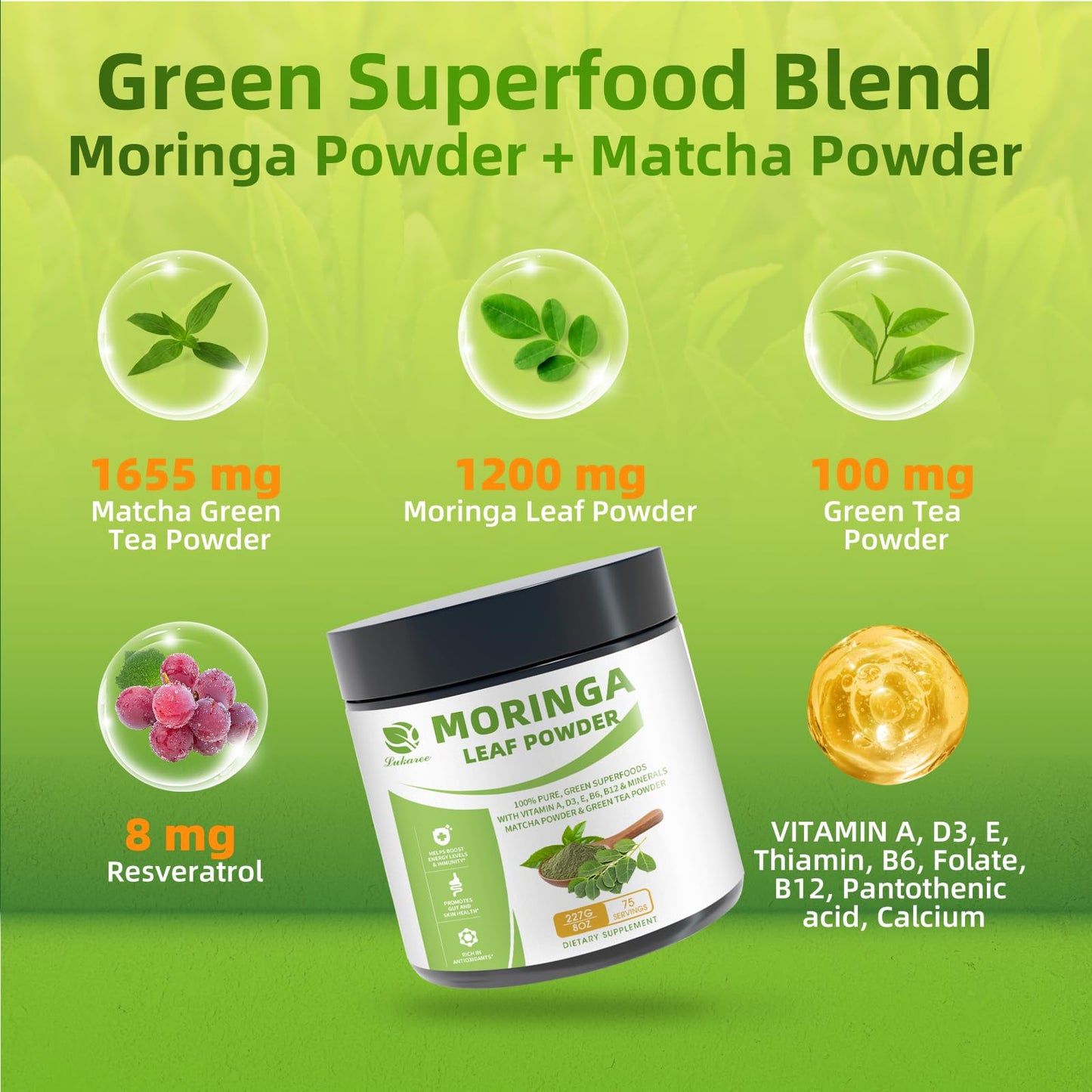 Organic Moringa Powder & Matcha Powder, Multi-Green Superfoods with Green Tea Resveratrol - Energy and Digestive Support, Rich in Antioxidants and Vitamin A D3 E B6 B12 Calcium, Non-GMO, Vegan, 16 oz