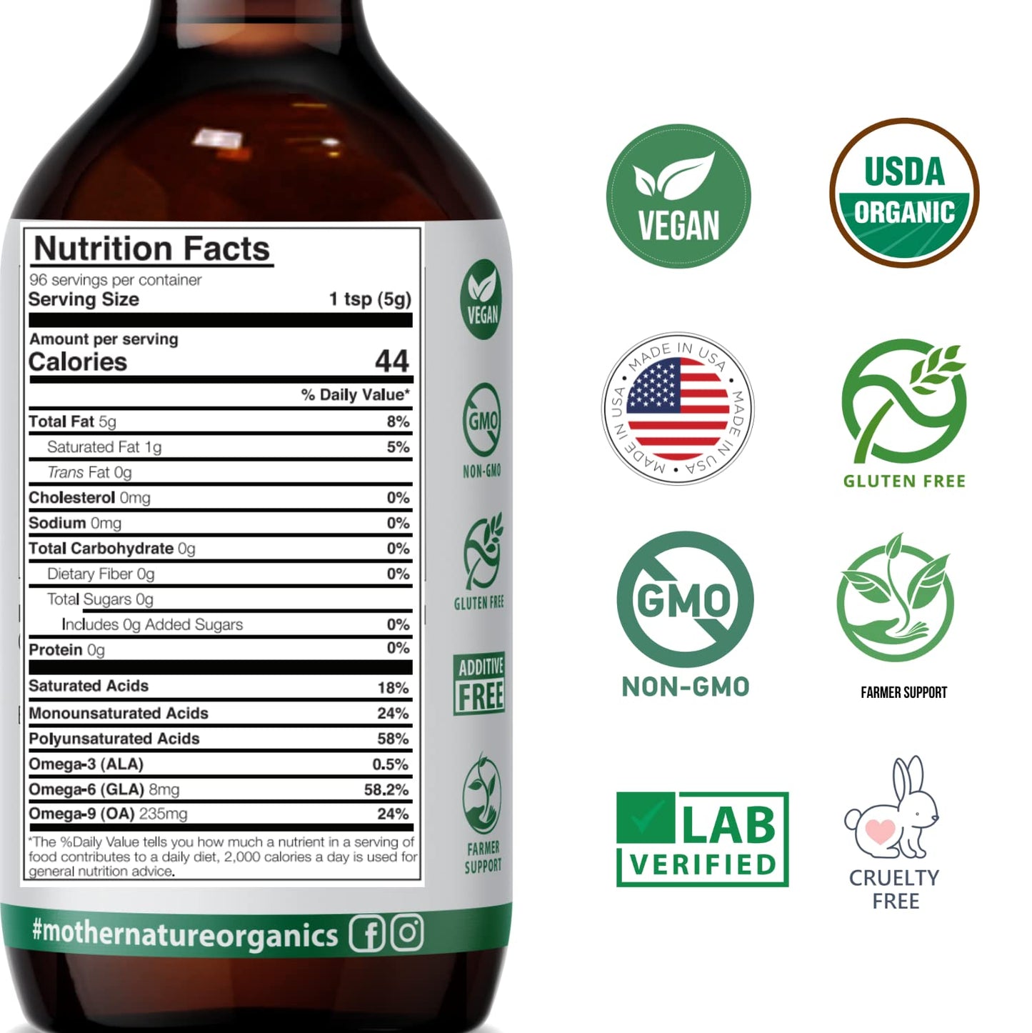 Mother Nature USDA Organic Black Seed Oil, High TQ 2%, Cold Pressed, Unrefined Nigella Sativa, Omega 3 6 9 for Immune, Joint & Heart Support, Hair & Skin, Non-GMO, Glass Bottle (8oz)