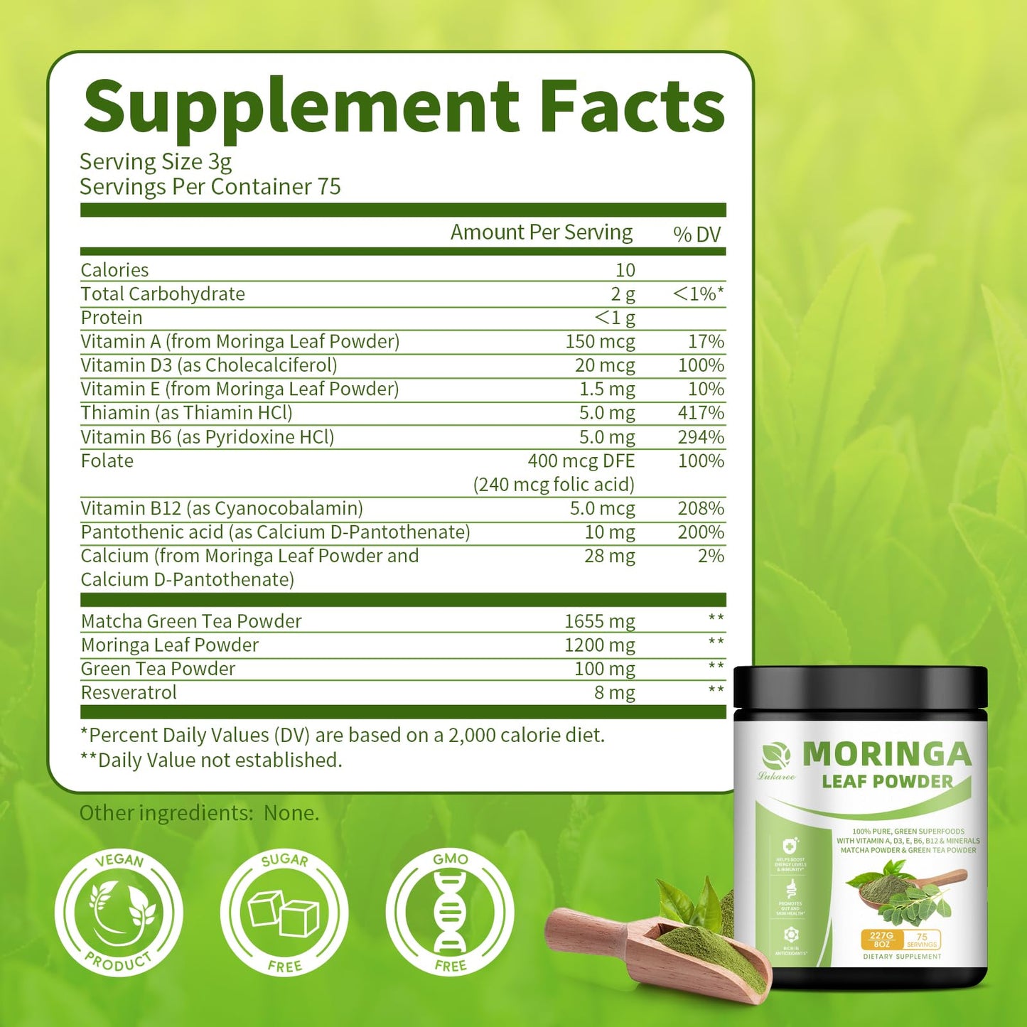 Organic Moringa Powder & Matcha Powder, Multi-Green Superfoods with Green Tea Resveratrol - Energy and Digestive Support, Rich in Antioxidants and Vitamin A D3 E B6 B12 Calcium, Non-GMO, Vegan, 16 oz