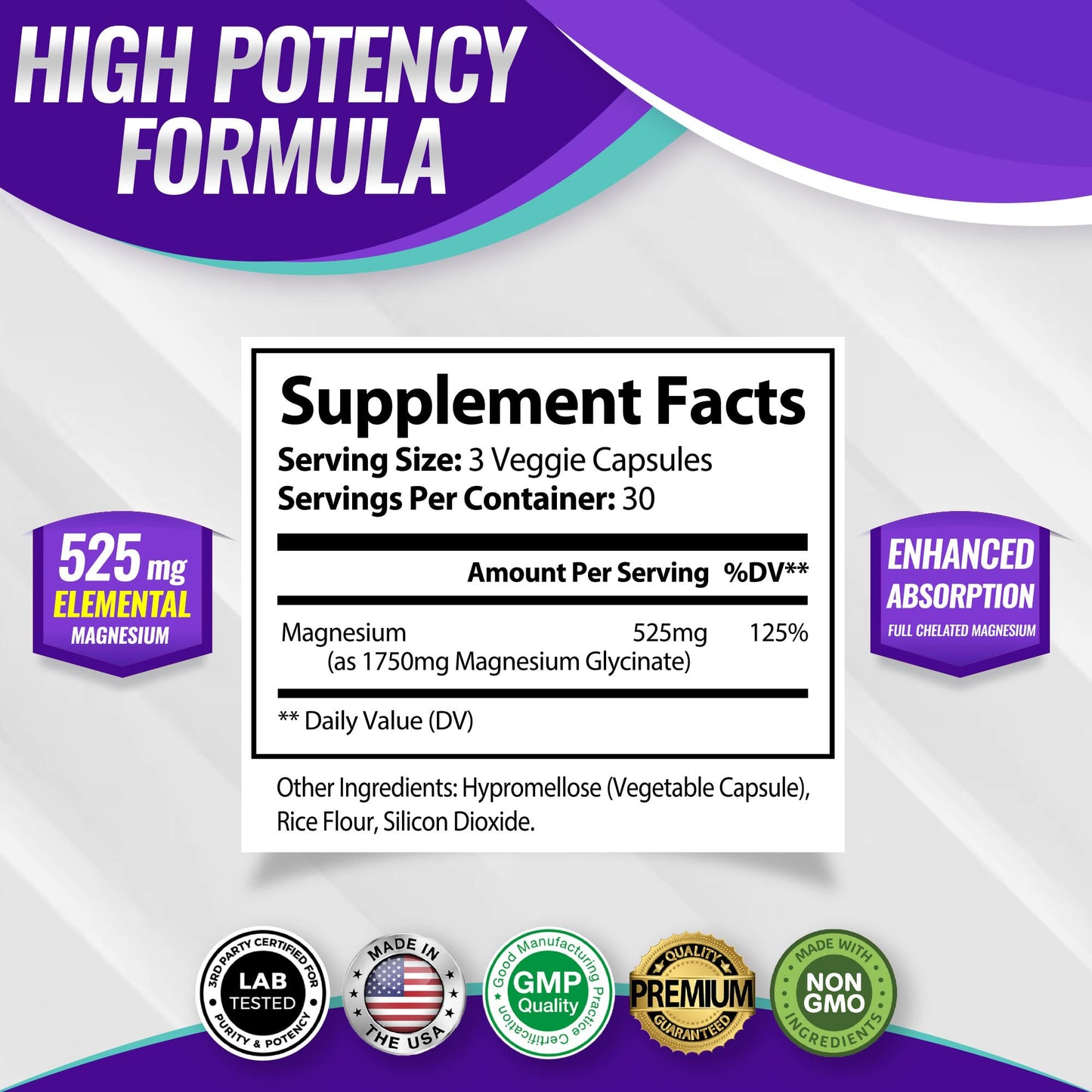 Magnesium Glycinate 525mg - High Absorption Chelated Magnesium Supplement Made with Pure Magnesium Glycinate - Supports Muscles, Sleep, Cramps, Recovery Bisglycinate Complex Vegan Non-GMO 90 Capsules