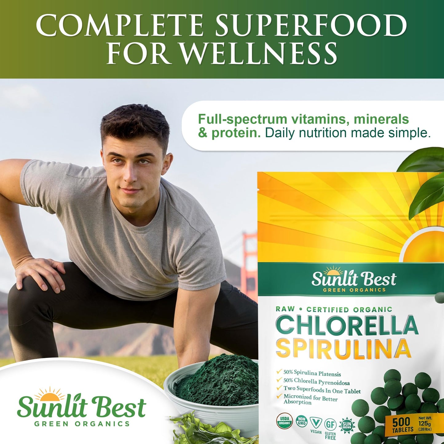 Sunlit Best Chlorella Spirulina Tablets - Organic USDA, Premium Spirulinas and Chlorella Capsules 500 Pills - Chlorellas Natural Superfood with Spirulina Algae, Enzymes Chlorophyll & Vegan Protein
